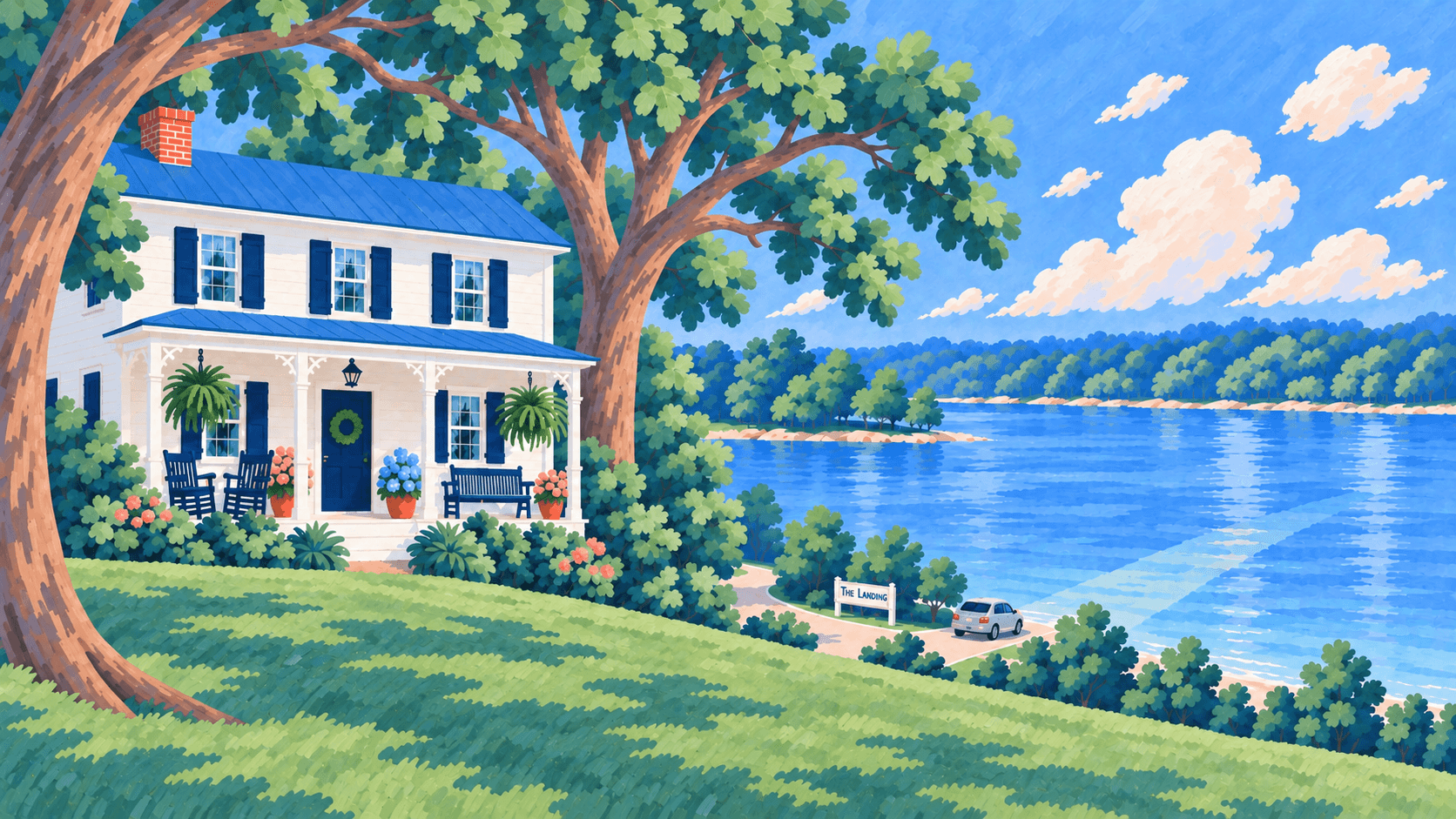 Painterly scene of a white two-story house with a bright blue tin roof and blue shutters on a grassy slope above a wide blue lake, a silver sedan parked at the water's edge near a small sign reading The Landing, a large leafy tree arching over the house, far shore lined with green trees, puffy white clouds above