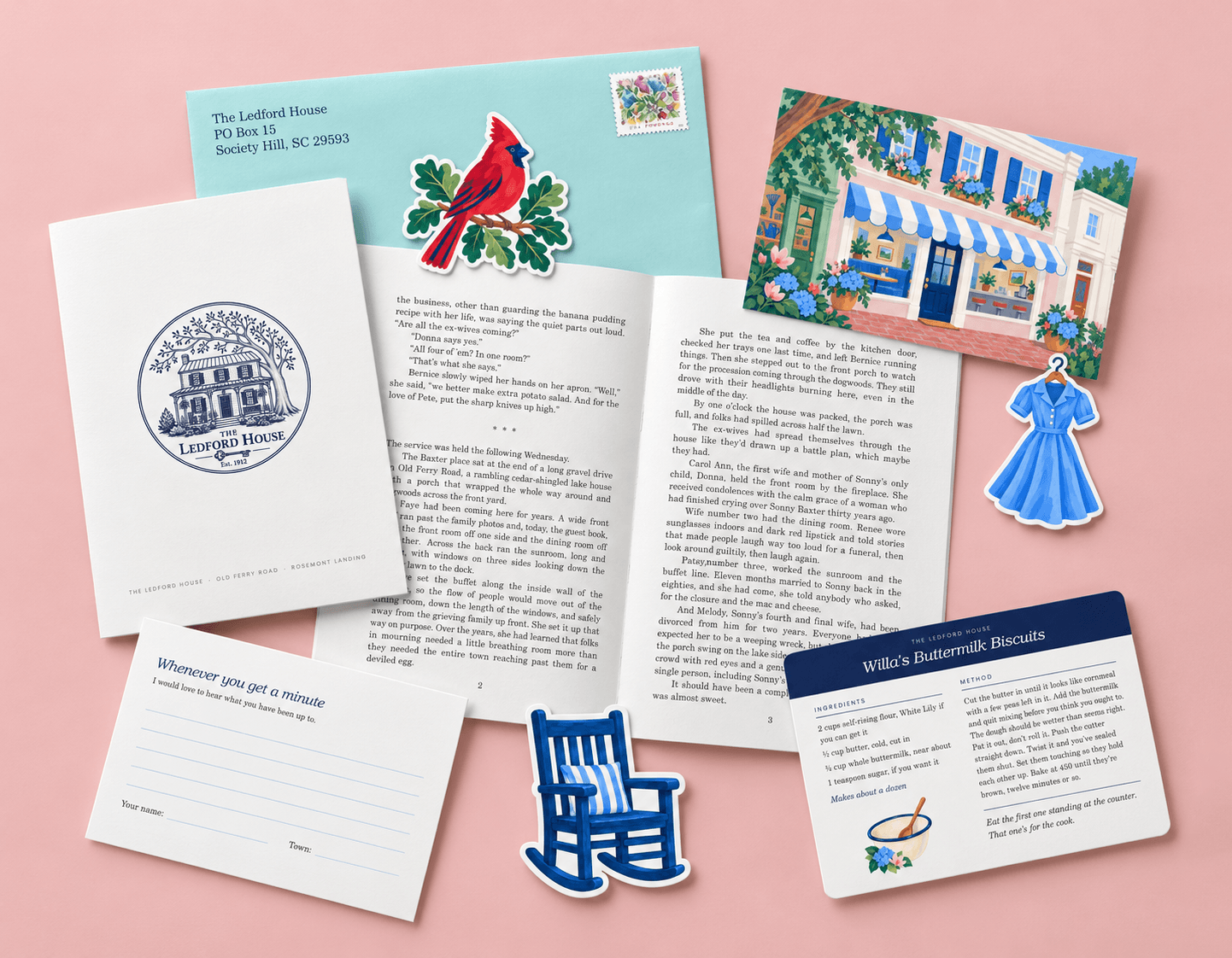 A Ledford House mail club collection with story booklet, letter, postcard, reply card, recipe card, envelope, and illustrated keepsakes