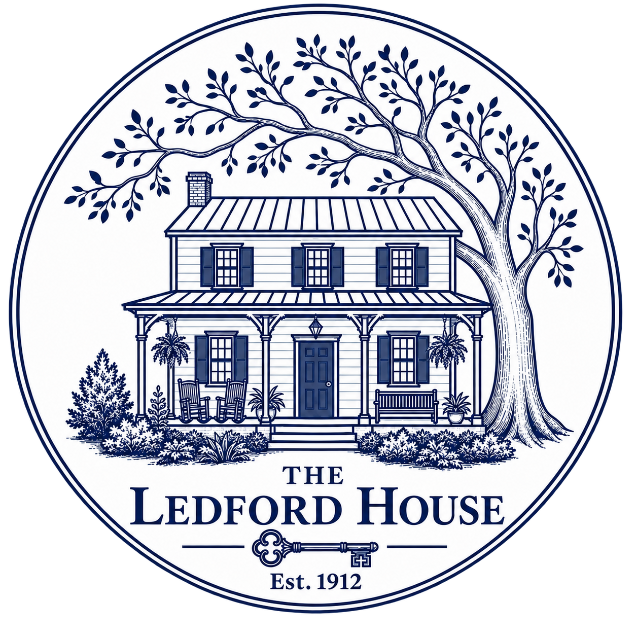Ledford House seal, a navy engraving of the lakeside inn, Est. 1912