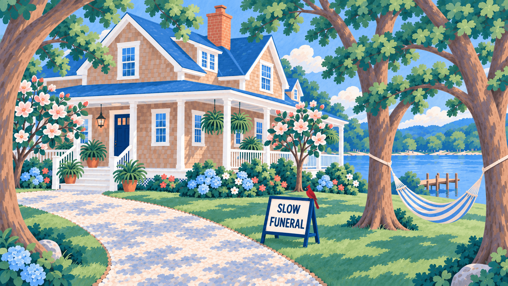 The Baxter place: a soft watercolor of Sonny Baxter's two-story shingle house with a blue tin roof and blue front door, a white wraparound porch with potted ferns, blue hydrangeas and flowering dogwood, the hammock he died in strung between two trees, and the lake beyond
